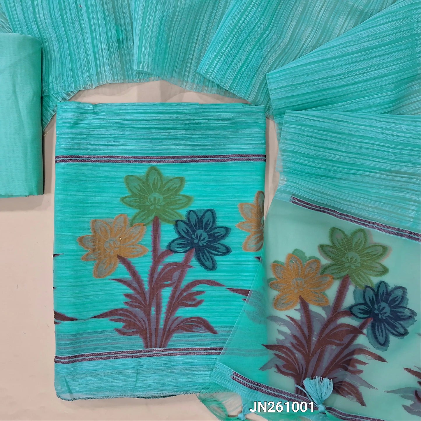Designer pastel blue jamdani woven premium tussar unstitched salwar material, (textured,lining needed)jamdani weaving on organza daman, silk cotton bottom, jamdani woven on tussar silk dupatta with tassels with organza pallu . JN261001