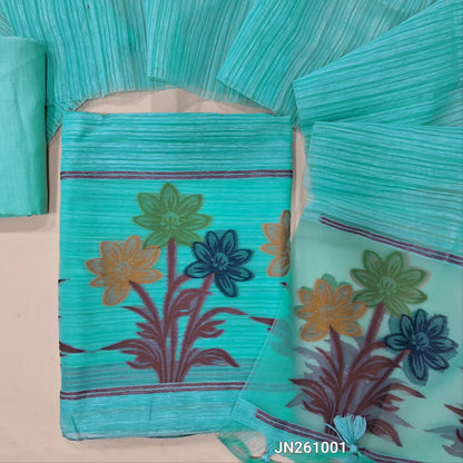 Designer pastel blue jamdani woven premium tussar unstitched salwar material, (textured,lining needed)jamdani weaving on organza daman, silk cotton bottom, jamdani woven on tussar silk dupatta with tassels with organza pallu . JN261001
