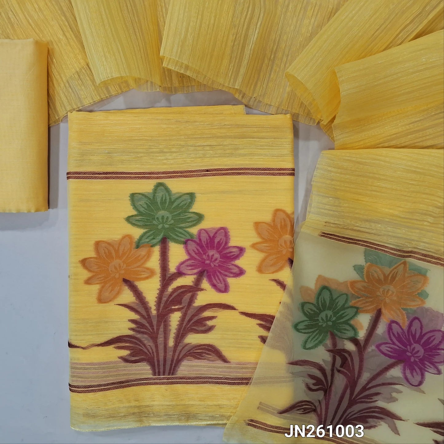 Designer pastel yellow jamdani woven premium tussar unstitched salwar material, (textured,lining needed)jamdani weaving on organza daman, silk cotton bottom, jamdani woven on tussar silk dupatta with tassels with organza pallu . JN261003
