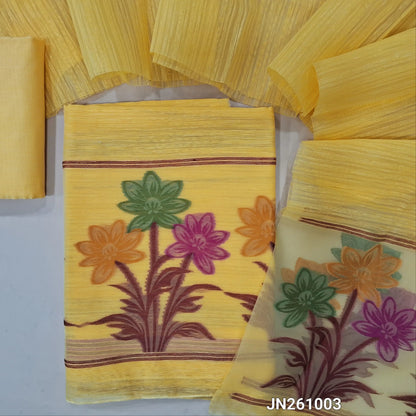 Designer pastel yellow jamdani woven premium tussar unstitched salwar material, (textured,lining needed)jamdani weaving on organza daman, silk cotton bottom, jamdani woven on tussar silk dupatta with tassels with organza pallu . JN261003