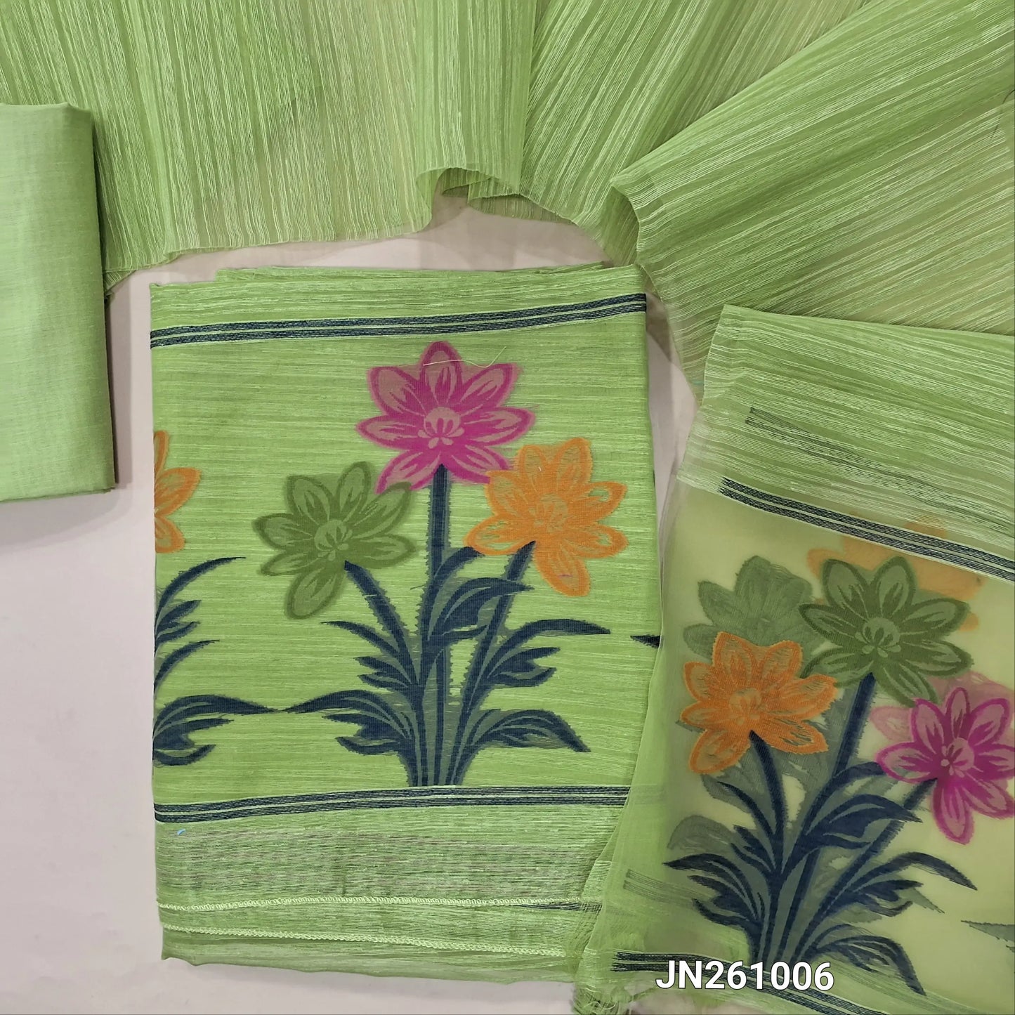 Designer pastel green jamdani woven premium tussar unstitched salwar material, (textured,lining needed)jamdani weaving on organza daman, silk cotton bottom,  jamdani woven on tussar silk dupatta with tassels with organza pallu . JN261006