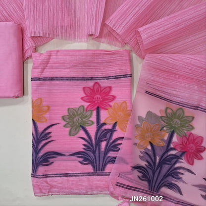 Designer pastel pink jamdani woven premium tussar unstitched salwar material, (textured,lining needed)jamdani weaving on organza daman, silk cotton bottom, jamdani woven on tussar silk dupatta with tassels with organza pallu . JN261002