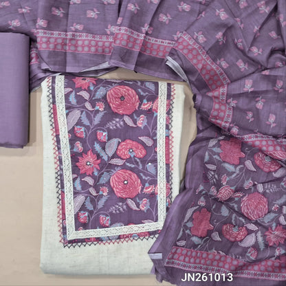 Off white base flex cotton unstitched salwar material (soft,Lining optional)floral printed & faux mirror work on yoke, purple cotton bottom,printed soft cotton dupatta.(TAPING NEEDED) JN261013