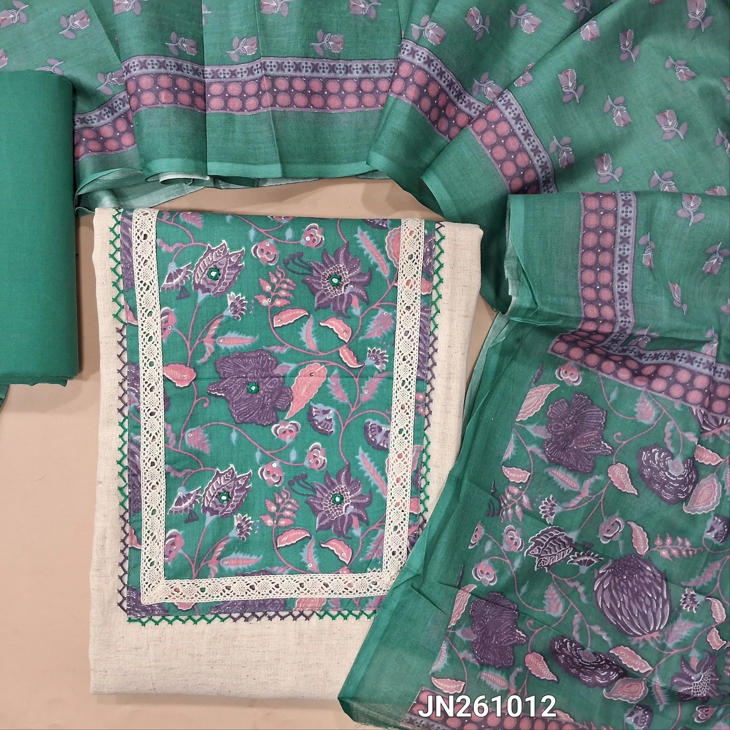 Off white base flex cotton unstitched salwar material (soft,Lining optional)floral printed & faux mirror work on yoke, pastel blue cotton bottom,printed soft cotton dupatta.(TAPING NEEDED) JN261012