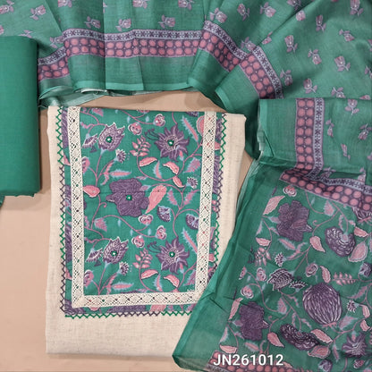Off white base flex cotton unstitched salwar material (soft,Lining optional)floral printed & faux mirror work on yoke, pastel blue cotton bottom,printed soft cotton dupatta.(TAPING NEEDED) JN261012