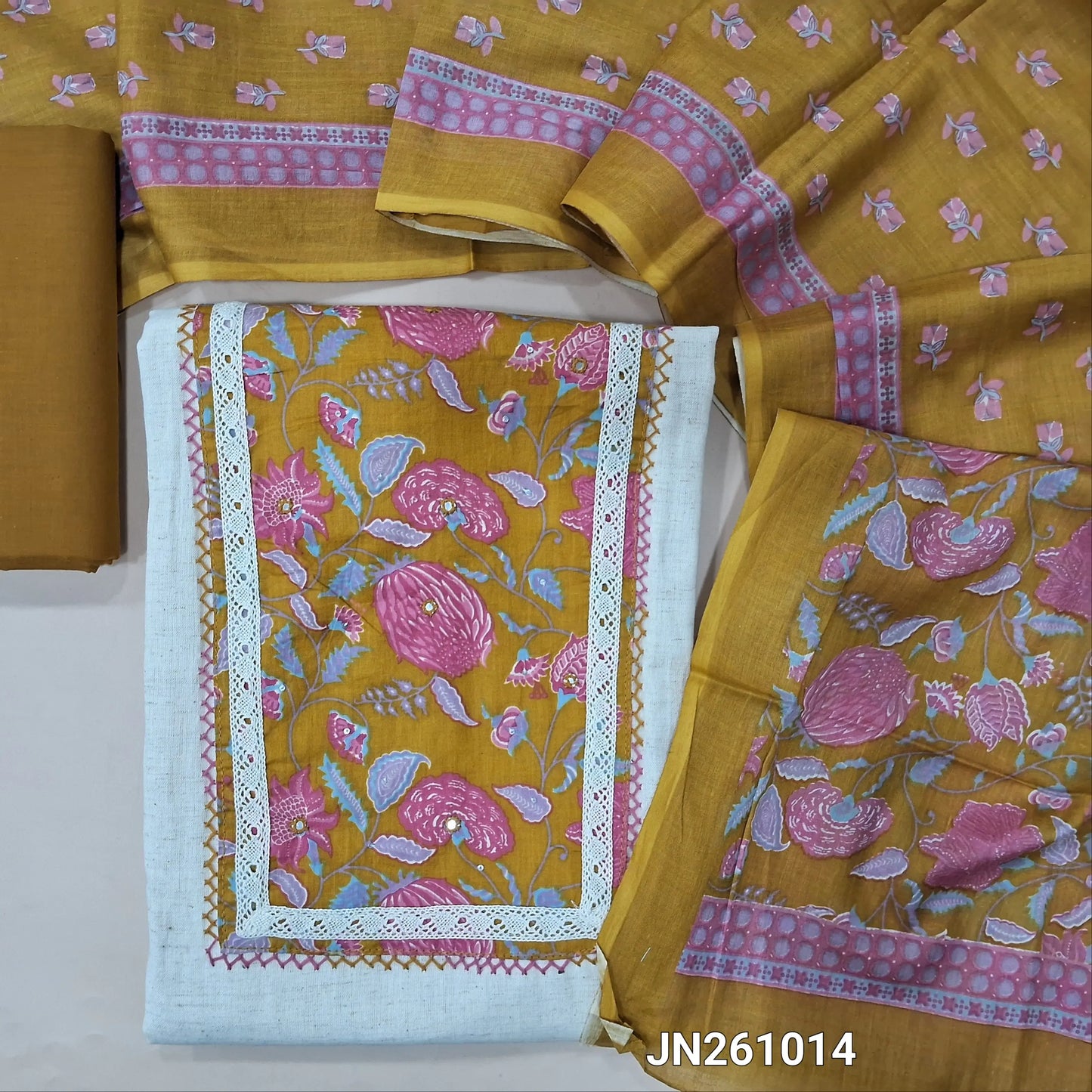 Off white base flex cotton unstitched salwar material (soft,Lining optional)floral printed & faux mirror work on yoke,mehandhi yellow cotton bottom,printed soft cotton dupatta.(TAPING NEEDED) JN261014
