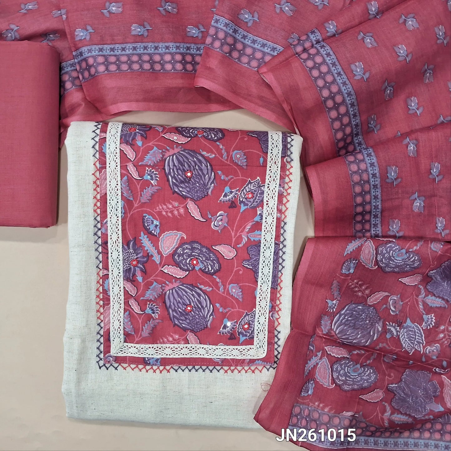 Off white base flex cotton unstitched salwar material (soft,Lining optional)floral printed & faux mirror work on yoke,pink cotton bottom,printed soft cotton dupatta.(TAPING NEEDED) JN261015