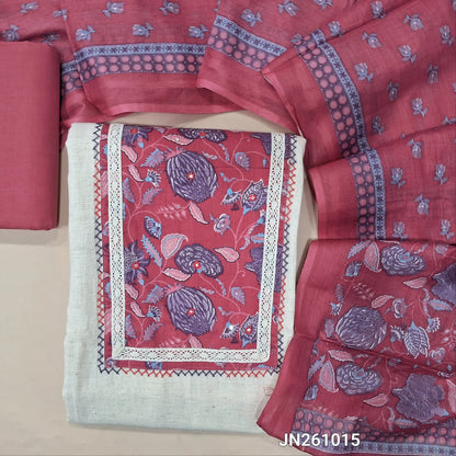 Off white base flex cotton unstitched salwar material (soft,Lining optional)floral printed & faux mirror work on yoke,pink cotton bottom,printed soft cotton dupatta.(TAPING NEEDED) JN261015