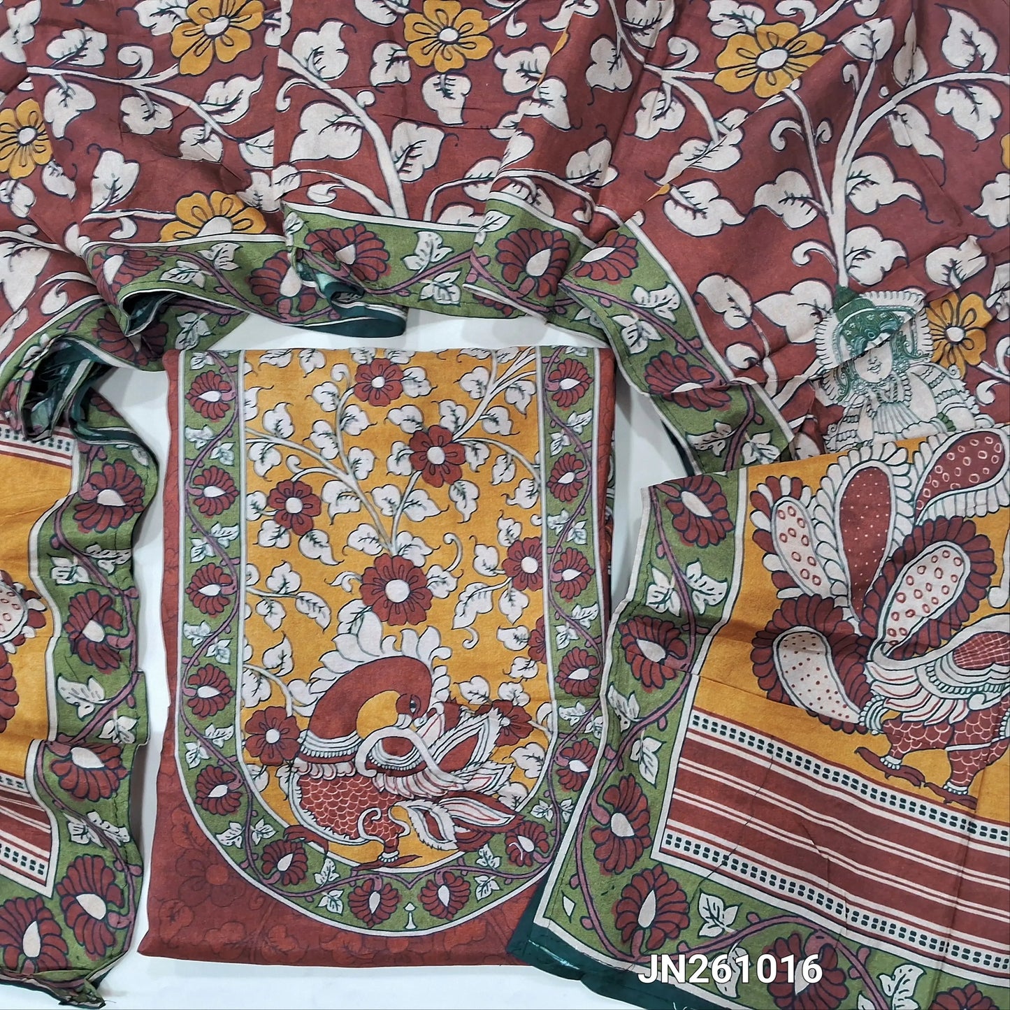 PREORDER SHIPPING AFTER 15 DAYS Designer dark maroon muslin silk unstitched salwar material(silky,lining needed) kalamkari printed all over, NO BOTTOM,kalamkari printed short width muslin silk dupatta. JN261016