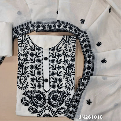 White hand embroidery soft silk cotton unstitched salwar material,chikankari embroidered & fancy buttons work on yoke( lining needed) matching cotton bottom, embroidery work on soft silk cotton dupatta with lace tapping. JN261018