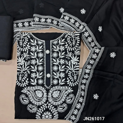 Black hand embroidery soft silk cotton unstitched salwar material,chikankari embroidered & fancy buttons work on yoke( lining needed) matching cotton bottom, embroidery work on soft silk cotton dupatta with lace tapping. JN261017