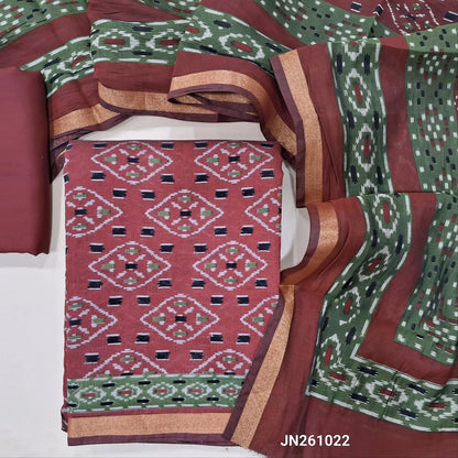 Dark maroon soft silk cotton unstitched salwar material,ikat printed all over ( Lining Needed) matching spun cotton bottom, ikat printed soft silk cotton full length dupatta (TAPINGS NEEDED). JN261022