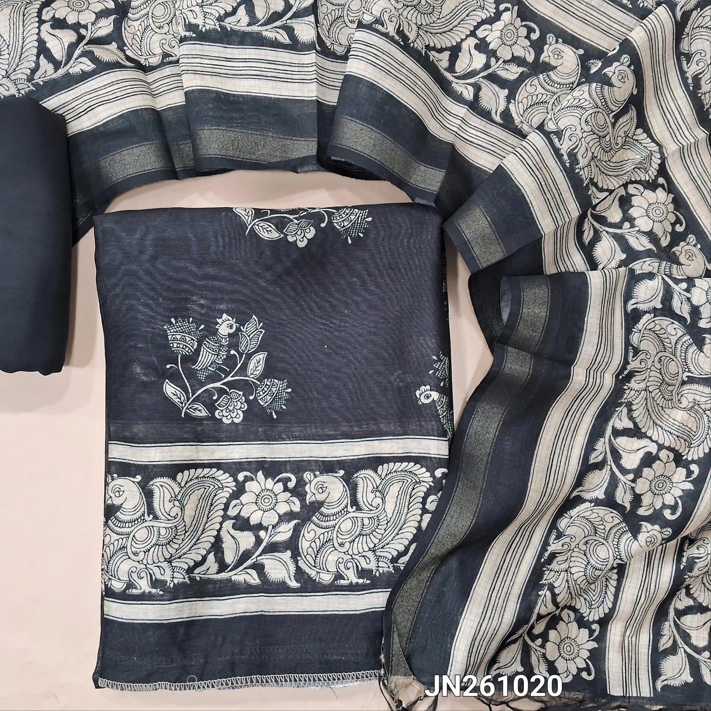 Black digital printed soft silk cotton unstitched salwar material(lining needed)kalamkari prints all over, matching spun cotton bottom, digital printed soft silk cotton dupatta. JN261020