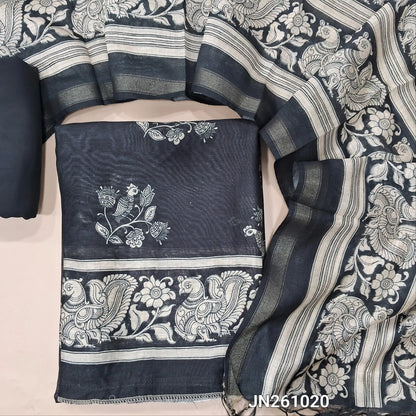 Black digital printed soft silk cotton unstitched salwar material(lining needed)kalamkari prints all over, matching spun cotton bottom, digital printed soft silk cotton dupatta. JN261020