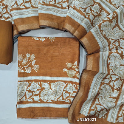 Rust orange digital printed soft silk cotton unstitched salwar material(lining needed)kalamkari prints all over, matching spun cotton bottom, digital printed soft silk cotton dupatta. JN261021