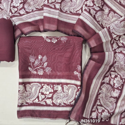 Beetroot purple digital printed soft silk cotton unstitched salwar material(lining needed)kalamkari prints all over, matching spun cotton bottom, digital printed soft silk cotton dupatta. JN261019
