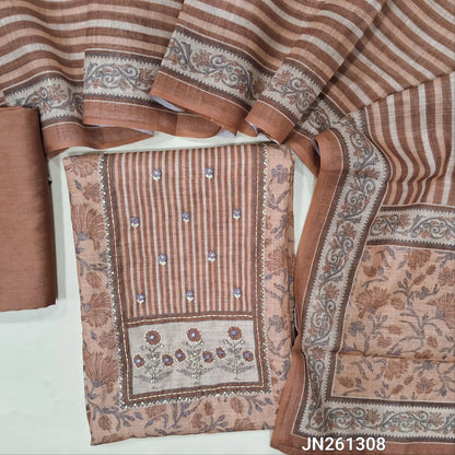 Peach floral printed semi linen unstitched salwar material (lining needed)hand embroidery, kantha stitch & sequins work on yoke, matching silky bottom, vertical printed semi linen dupatta. JN261308