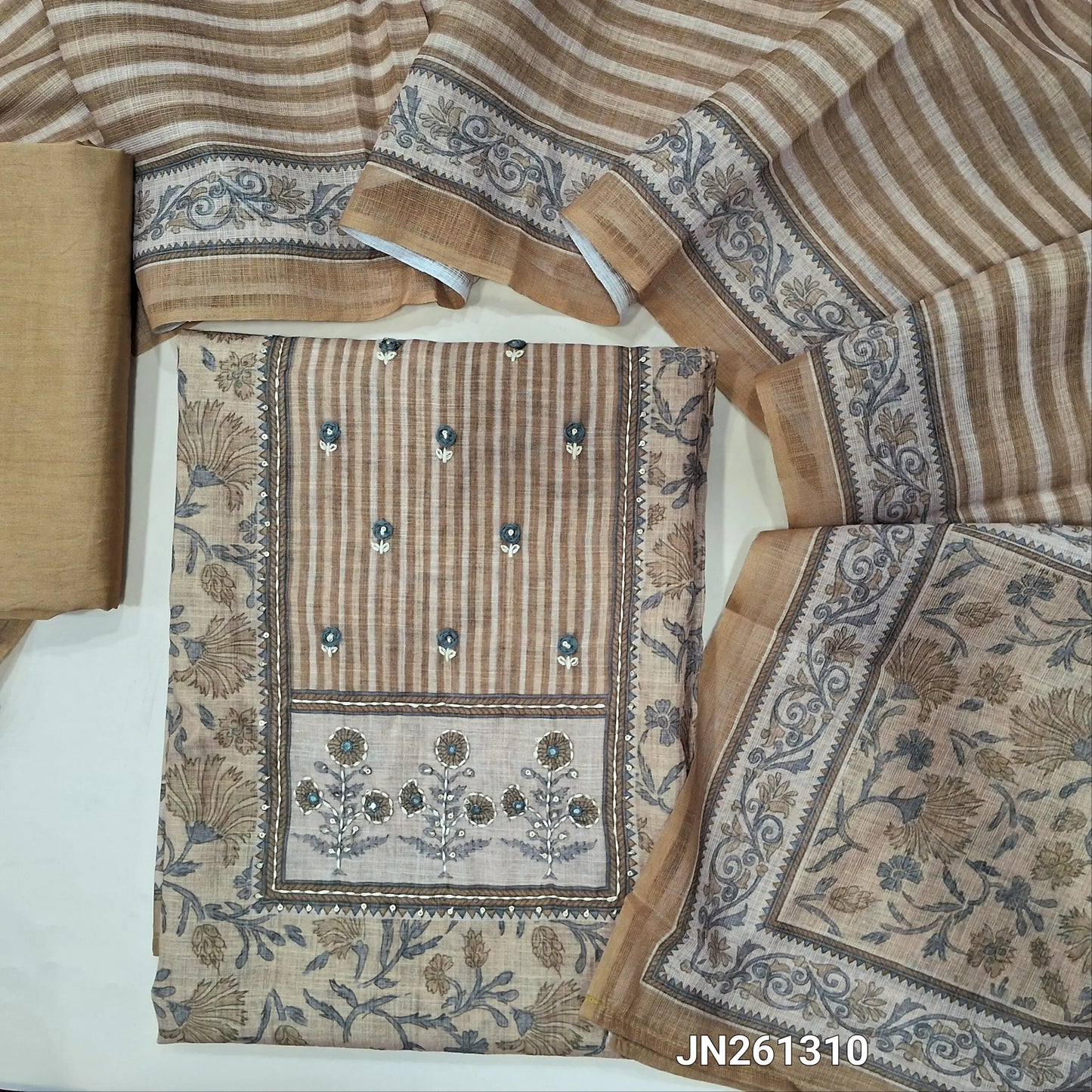 Rich beige floral printed semi linen unstitched salwar material (lining needed)hand embroidery, kantha stitch & sequins work on yoke, matching silky bottom, vertical printed semi linen dupatta. JN261310