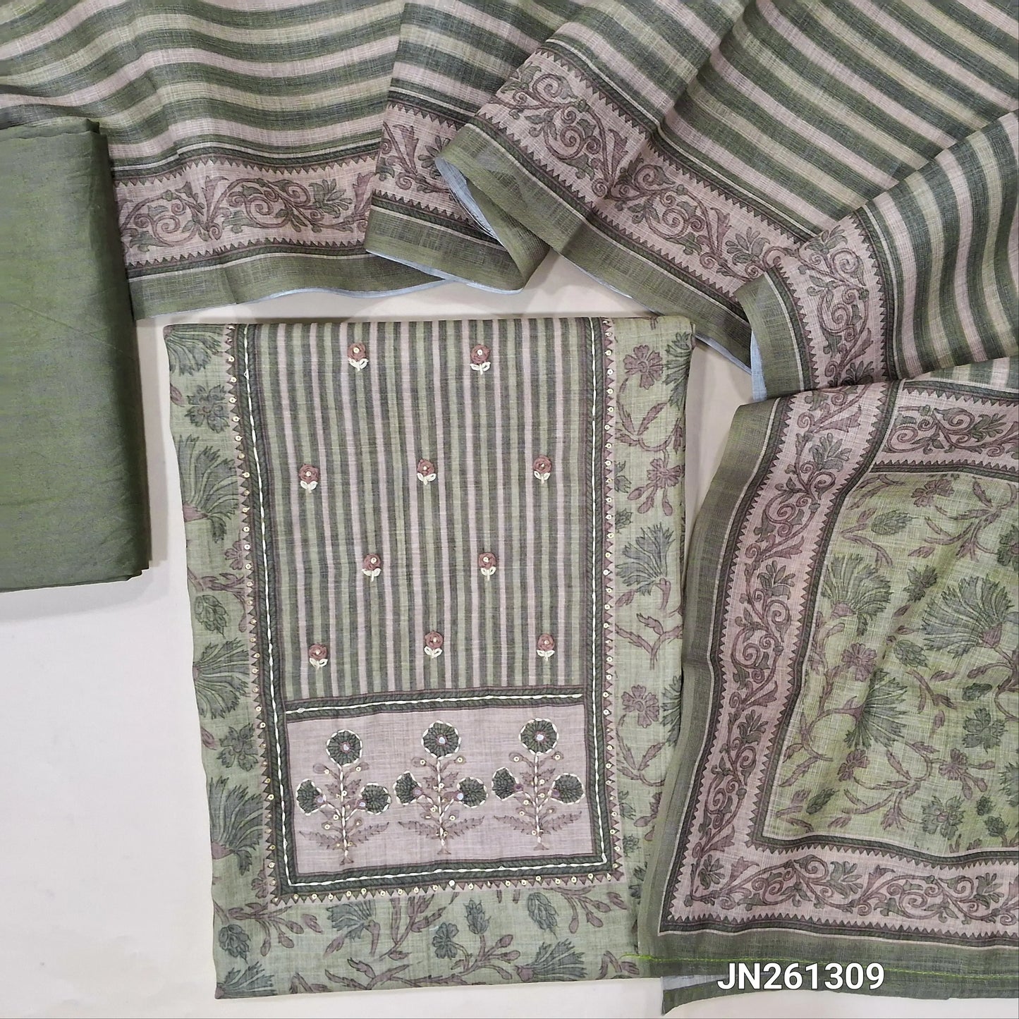 Sage green floral printed semi linen unstitched salwar material (lining needed)hand embroidery, kantha stitch & sequins work on yoke, matching silky bottom, vertical printed semi linen dupatta. JN261309