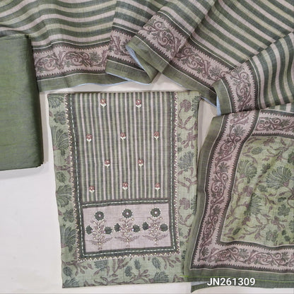 Sage green floral printed semi linen unstitched salwar material (lining needed)hand embroidery, kantha stitch & sequins work on yoke, matching silky bottom, vertical printed semi linen dupatta. JN261309