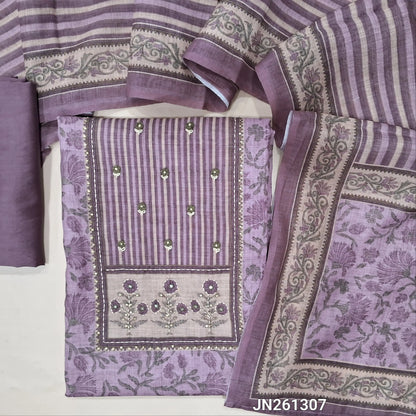 Mauve shade floral printed semi linen unstitched salwar material (lining needed)hand embroidery, kantha stitch & sequins work on yoke, matching silky bottom, vertical printed semi linen dupatta. JN261307