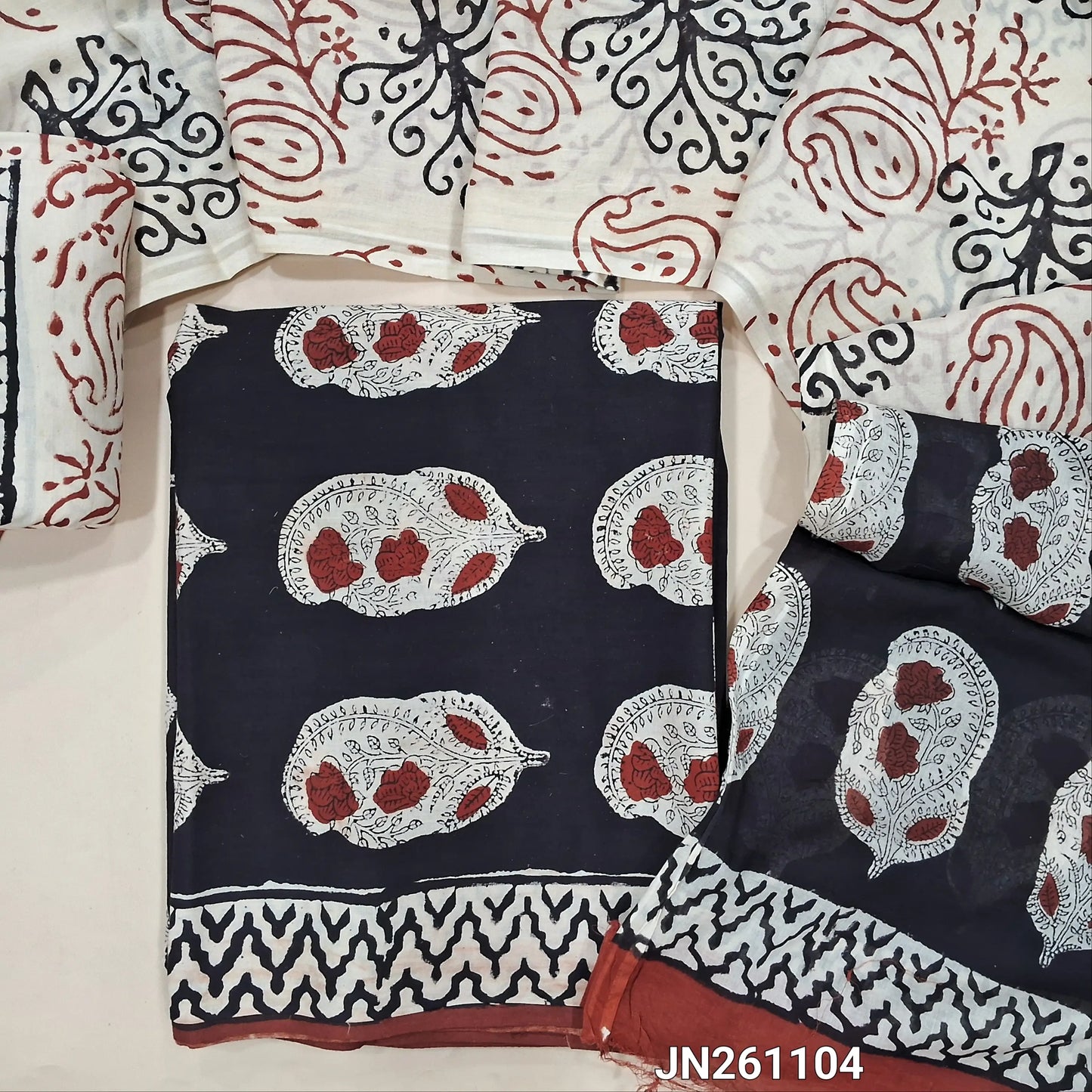 Black bagru hand block printed  mul cotton unstitched salwar material,(lining optional) printed cotton bottom,hand block printed full length mul cotton dupatta(TAPINGS NEEDED, INCONSISTENT PRINTS ARE NOT DEFECTS) JN261104