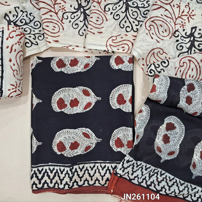 Black bagru hand block printed  mul cotton unstitched salwar material,(lining optional) printed cotton bottom,hand block printed full length mul cotton dupatta(TAPINGS NEEDED, INCONSISTENT PRINTS ARE NOT DEFECTS) JN261104