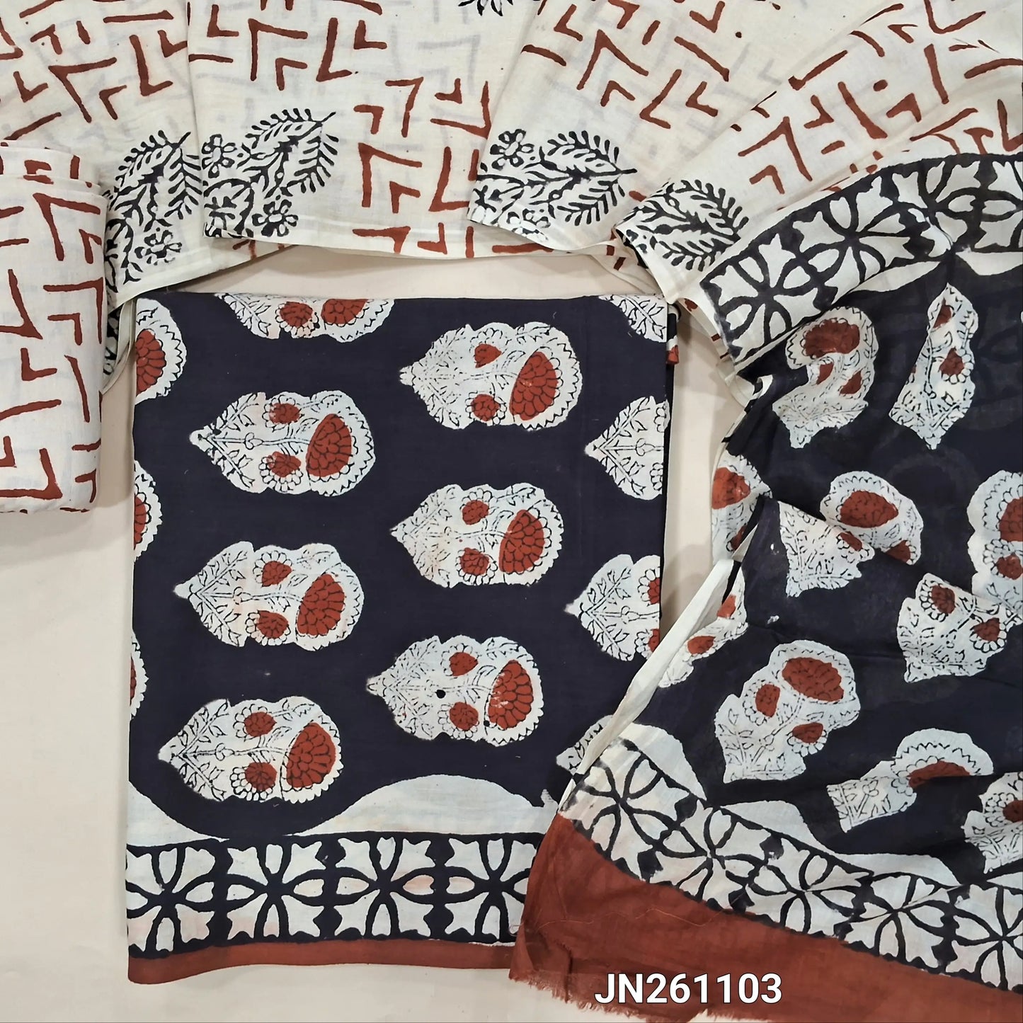 Black bagru hand block printed  mul cotton unstitched salwar material,(lining optional) printed cotton bottom,hand block printed full length mul cotton dupatta(TAPINGS NEEDED, INCONSISTENT PRINTS ARE NOT DEFECTS) JN261103