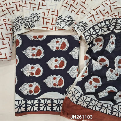 Black bagru hand block printed  mul cotton unstitched salwar material,(lining optional) printed cotton bottom,hand block printed full length mul cotton dupatta(TAPINGS NEEDED, INCONSISTENT PRINTS ARE NOT DEFECTS) JN261103