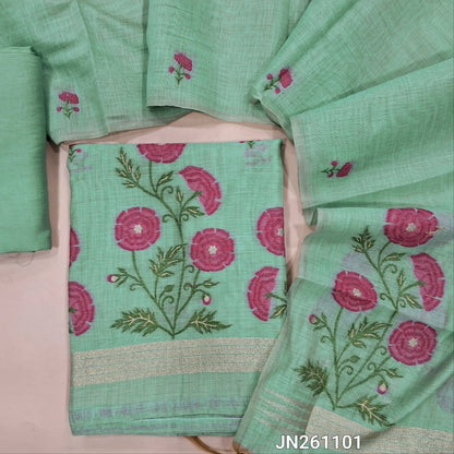 Sea green premium jamdani woven silk cotton unstitched salwar material (lining needed) gold tissue detailing on weaving design daman, floral weaving front,matching silky bottom, jamdani woven soft silk cotton full length dupatta.JN261101
