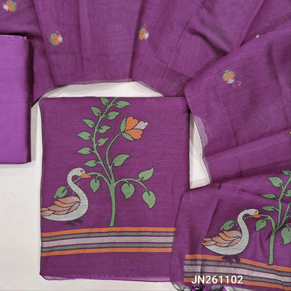 PREORDER SHIPPING AFTER 15 DAYS Dark purple premium jamdani woven silk cotton unstitched salwar material (lining needed)zari weaving on daman, thread woven buttas front,matching silk cotton bottom, jamdani woven soft silk cotton dupatta.JN261102