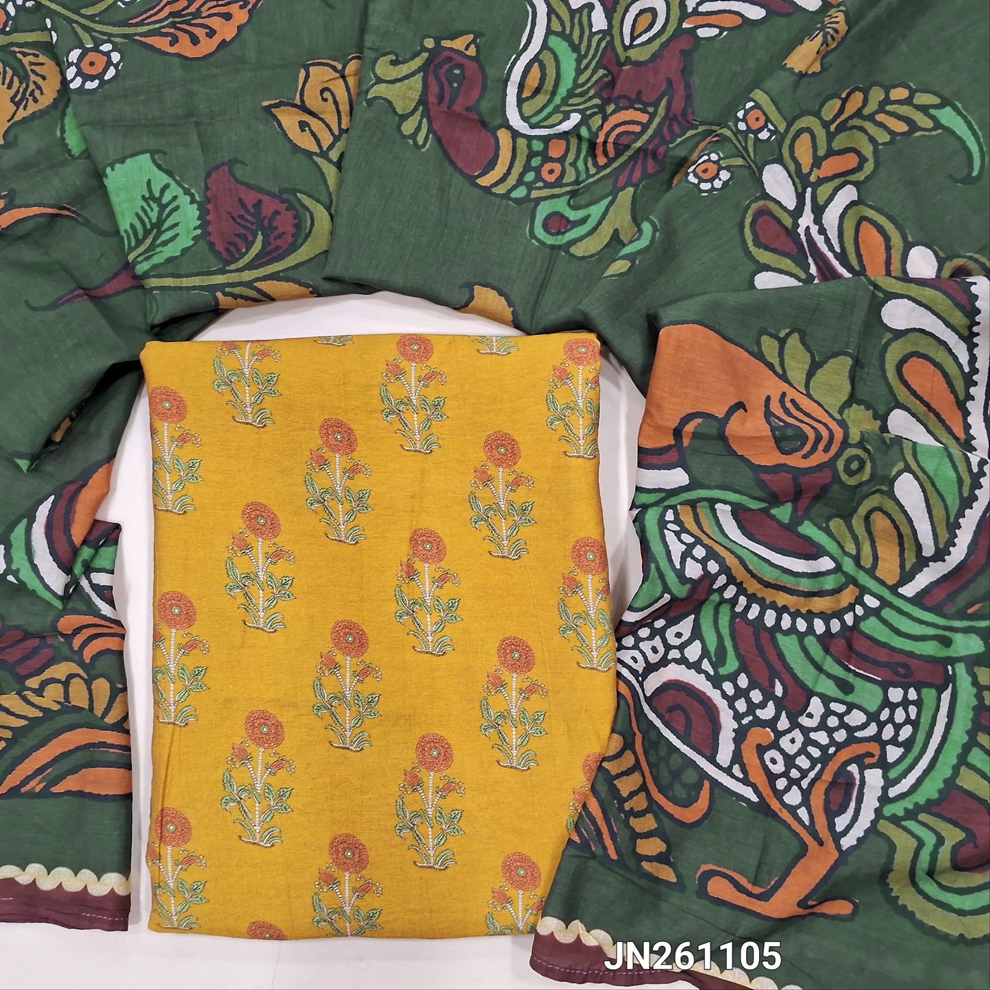 PREORDER : SHIPPING AFTER 15 DAYS Designer mehandhi yellow russian silk unstitched salwar material,floral printed all over( soft,lining needed)NO BOTTOM,kalamkari printed silk cotton short width dupatta. JN261105