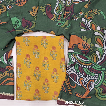 PREORDER : SHIPPING AFTER 15 DAYS Designer mehandhi yellow russian silk unstitched salwar material,floral printed all over( soft,lining needed)NO BOTTOM,kalamkari printed silk cotton short width dupatta. JN261105