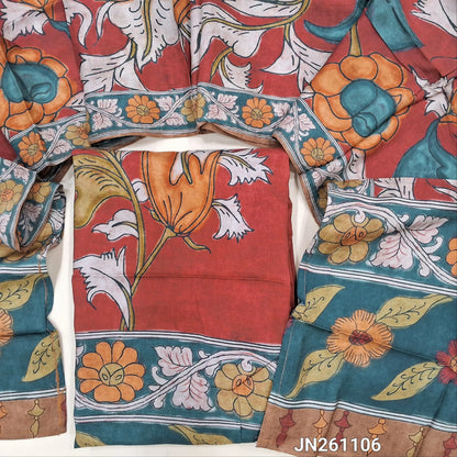 PREORDER SHIPPING AFTER 15 DAYS Designer maroon muslin silk unstitched salwar material(silky,lining needed) kalamkari printed all over, NO BOTTOM,kalamkari printed short width muslin silk dupatta. JN261106