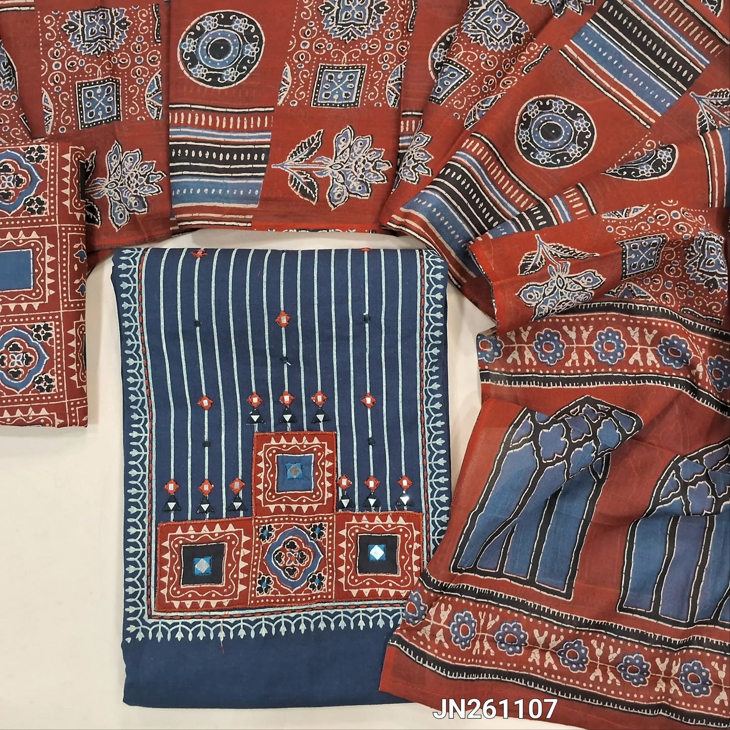 Designer dark indigo blue pure cotton unstitched salwar material,hand block prints,ajrak yoke patch with real mirror detailing (lining optional)block printed cotton bottom, printed pure mul cotton full length dupatta. JN261107