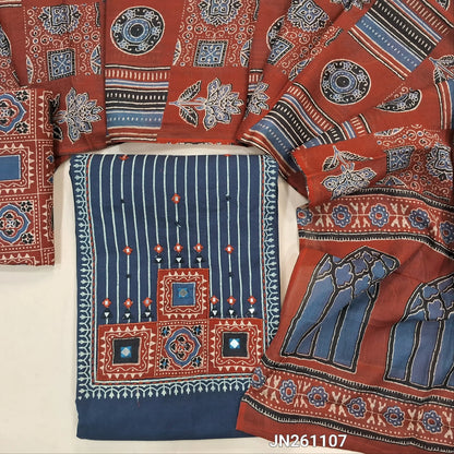 Designer dark indigo blue pure cotton unstitched salwar material,hand block prints,ajrak yoke patch with real mirror detailing (lining optional)block printed cotton bottom, printed pure mul cotton full length dupatta. JN261107