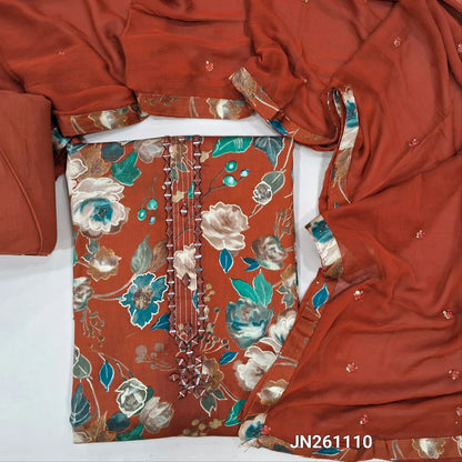 Brick red premium floral printed satin cotton unstitched salwar material, real mirror work on yoke( textured,lining optional)matching cotton bottom,thread & sequins work on fancy chiffon dupatta. JN261110