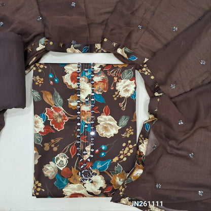 Coffee brown premium floral printed satin cotton unstitched salwar material, real mirror work on yoke( textured,lining optional)matching cotton bottom,thread & sequins work on fancy chiffon dupatta. JN261111
