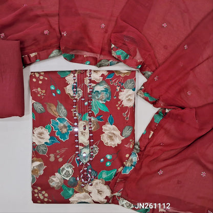 Reddish maroon premium floral printed satin cotton unstitched salwar material, real mirror work on yoke( textured,lining optional)matching cotton bottom,thread & sequins work on fancy chiffon dupatta. JN261112
