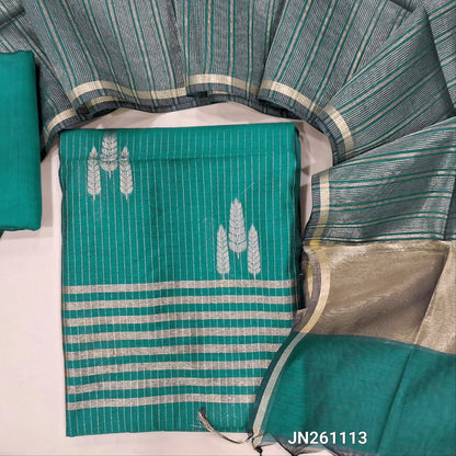 Peacock green benarasi woven silk cotton unstitched salwar material (lining needed) zari woven design all over, matching silk cotton bottom, golden tint tissue silk cotton dupatta with tassels. JN261113