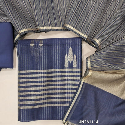 Dark blue benarasi woven silk cotton unstitched salwar material (lining needed) zari woven design all over, matching silk cotton bottom, golden tint tissue silk cotton dupatta with tassels. JN261114