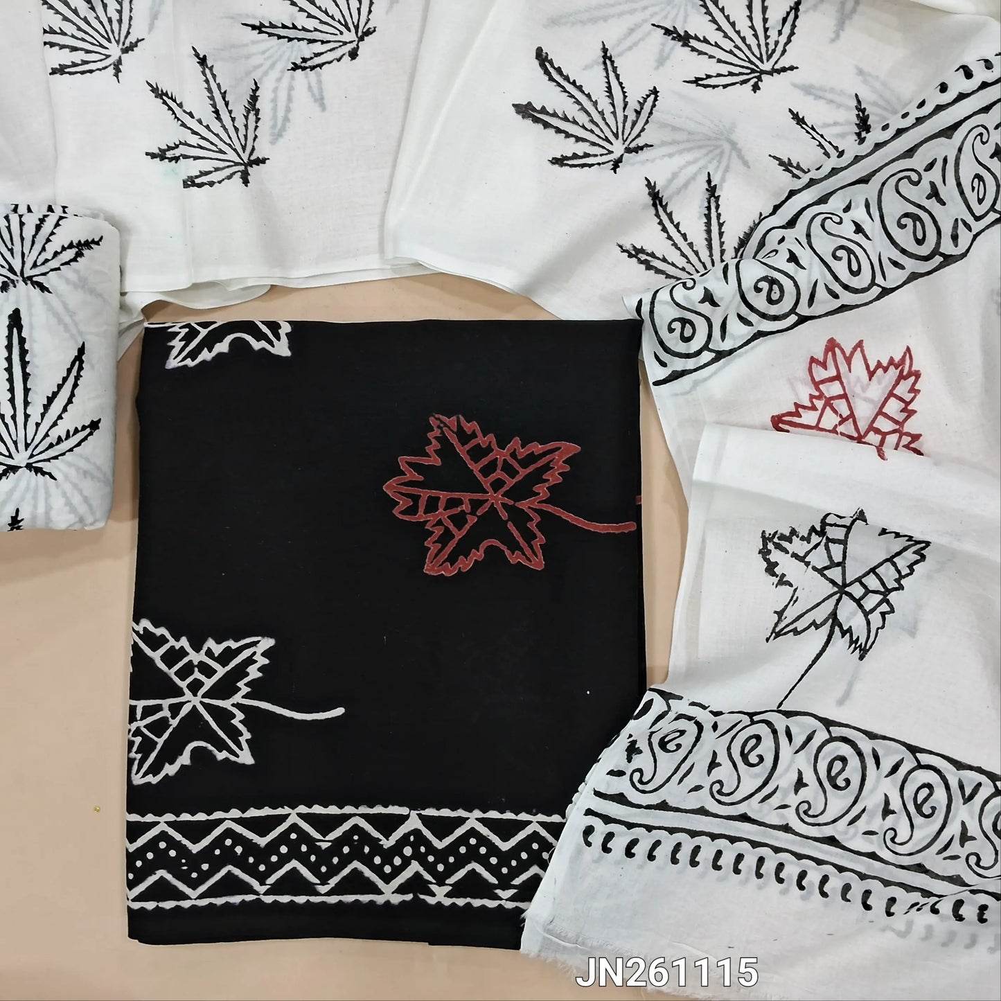 Black hand block printed pure mul cotton unstitched salwar material,(lining optional)hand block printed white cotton bottom,block printed full length mul cotton dupatta. (TAPINGS NEEDED, INCONSISTENT PRINTS ARE NOT DEFECTS) JN261115