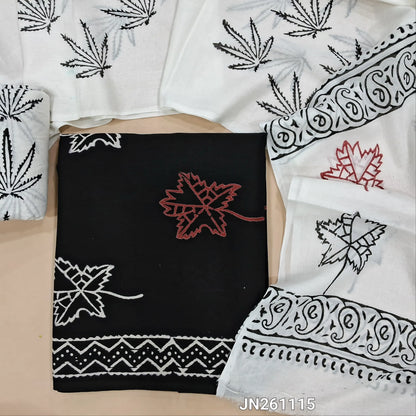 Black hand block printed pure mul cotton unstitched salwar material,(lining optional)hand block printed white cotton bottom,block printed full length mul cotton dupatta. (TAPINGS NEEDED, INCONSISTENT PRINTS ARE NOT DEFECTS) JN261115