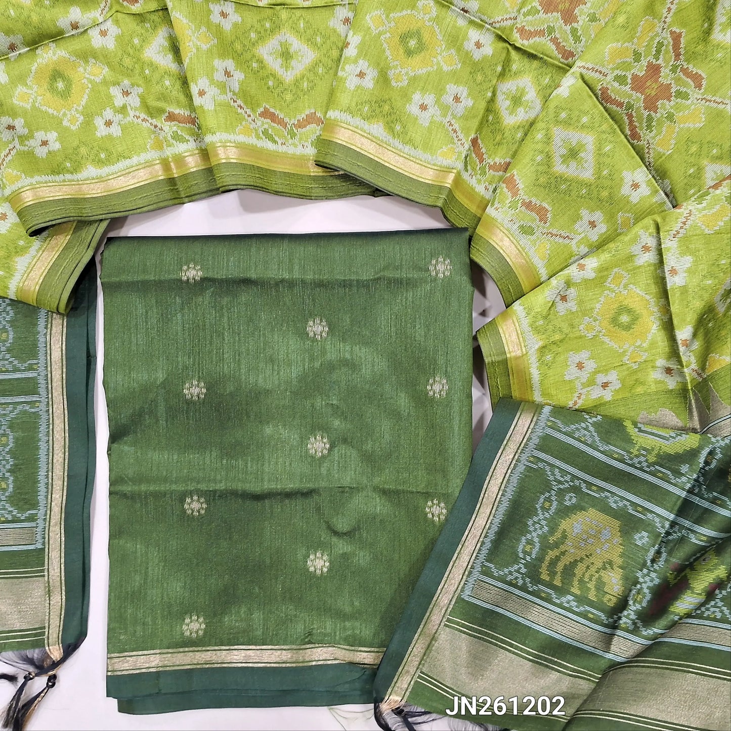 Leafy green kanchi silk cotton unstitched salwar material( shiny,lining needed) gold zari buttas all over,NO BOTTOM, patola weaving kanchi silk dupatta with gold tissue borders. JN261202