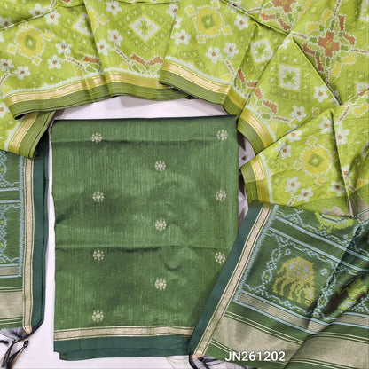 Leafy green kanchi silk cotton unstitched salwar material( shiny,lining needed) gold zari buttas all over,NO BOTTOM, patola weaving kanchi silk dupatta with gold tissue borders. JN261202
