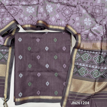PREORDER SHIPPING AFTER 15 DAYS Deep wine purple kanchi silk cotton unstitched salwar material( shiny,lining needed) gold zari buttas all over,NO BOTTOM, patola weaving kanchi silk dupatta with gold tissue borders. JN261204