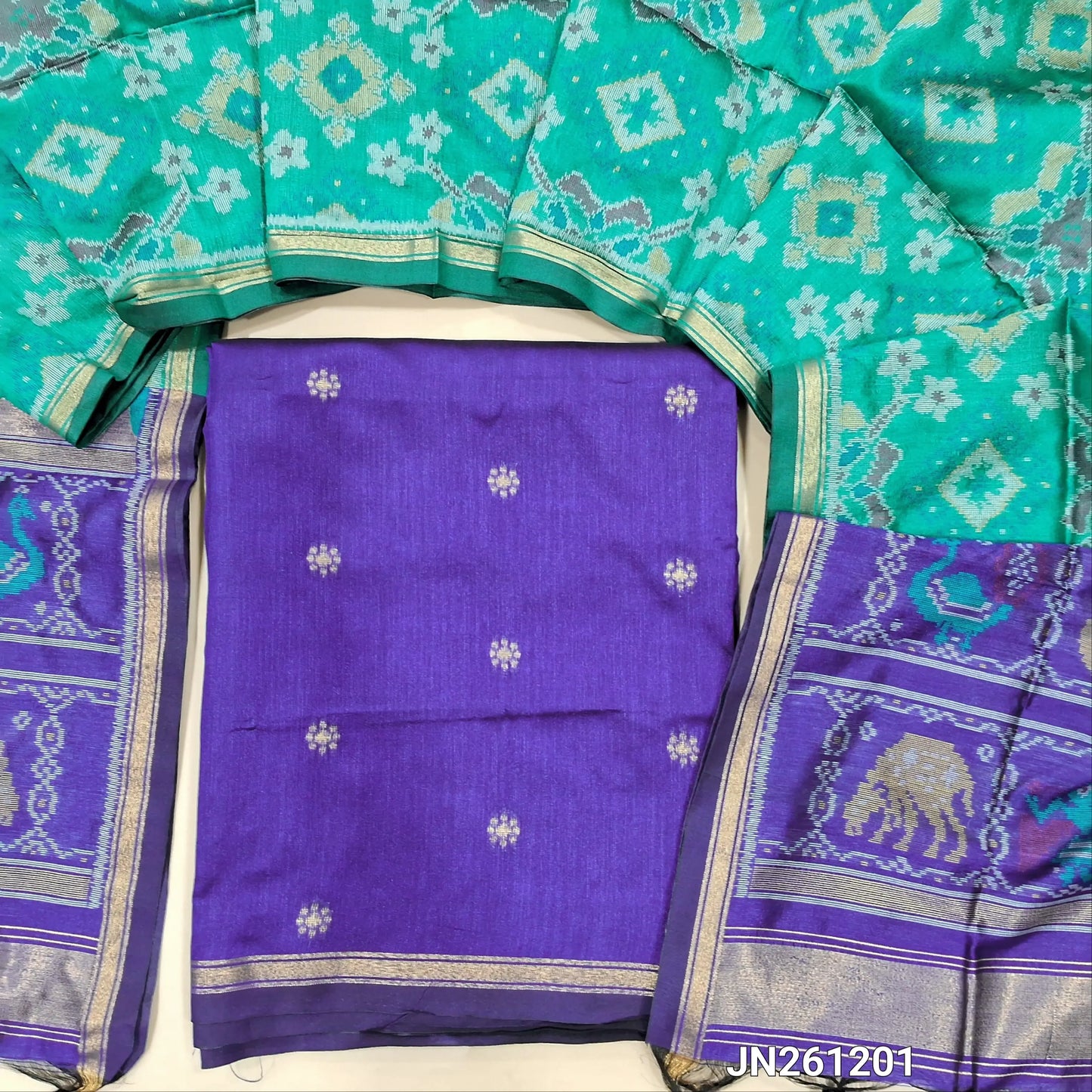PREORDER SHIPPING AFTER 15 DAYS Rich royal blue kanchi silk cotton unstitched salwar material( shiny,lining needed) gold zari buttas all over,NO BOTTOM, patola weaving kanchi silk dupatta with gold tissue borders. JN261201