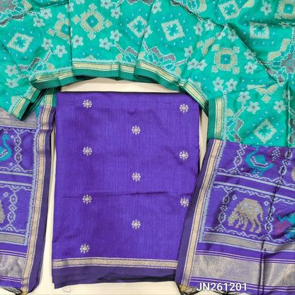 PREORDER SHIPPING AFTER 15 DAYS Rich royal blue kanchi silk cotton unstitched salwar material( shiny,lining needed) gold zari buttas all over,NO BOTTOM, patola weaving kanchi silk dupatta with gold tissue borders. JN261201