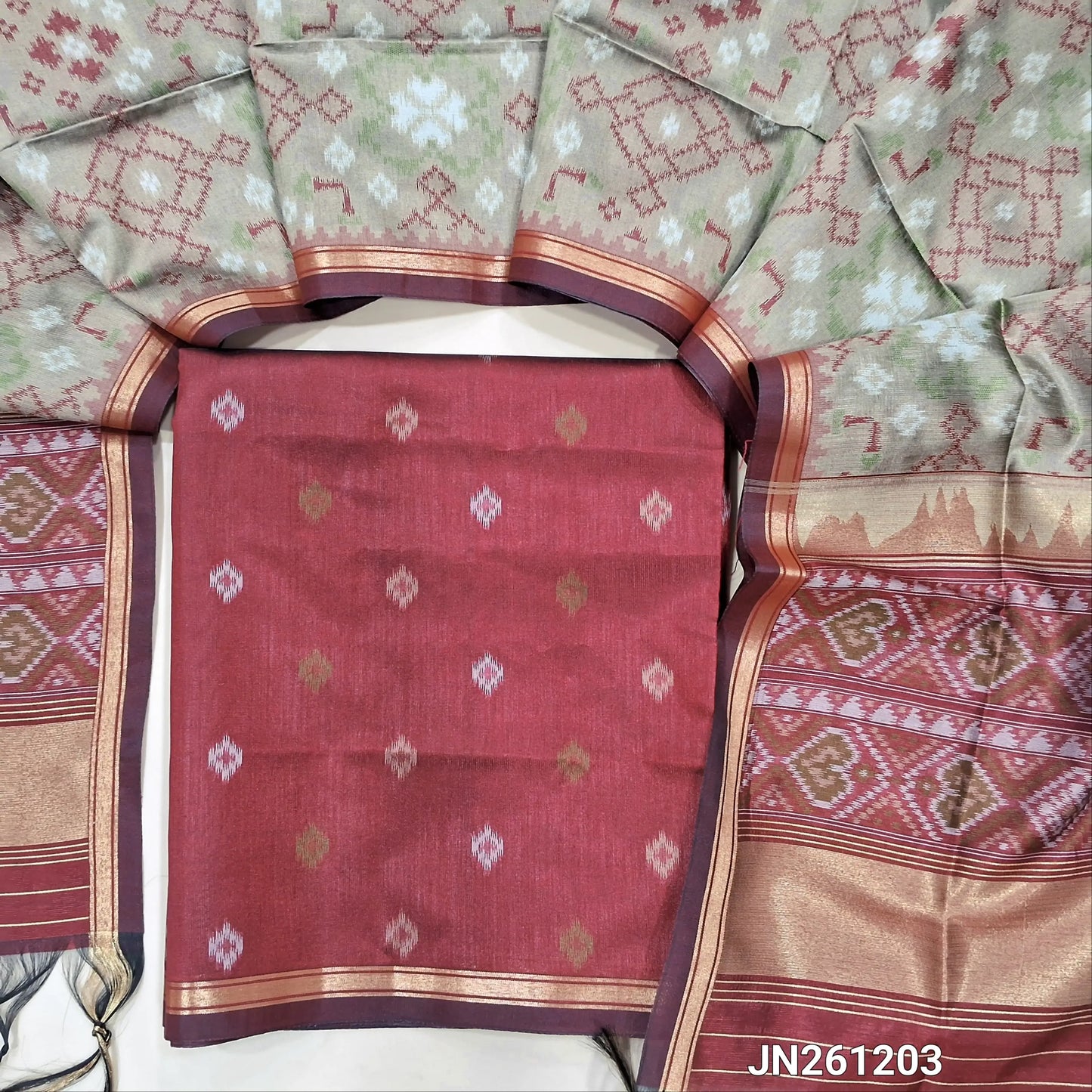 PREORDER SHIPPING AFTER 15 DAYS Maroon kanchi silk cotton unstitched salwar material( shiny,lining needed) gold zari buttas all over,NO BOTTOM, patola weaving kanchi silk dupatta with gold tissue borders. JN261203