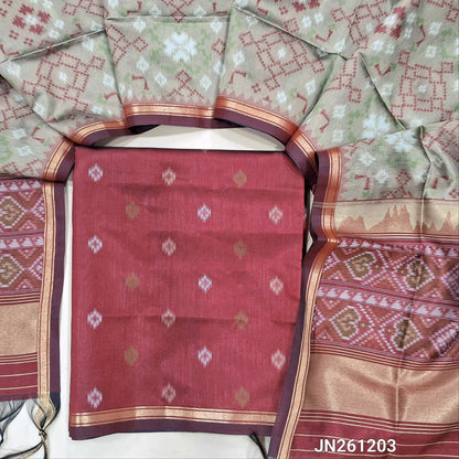 PREORDER SHIPPING AFTER 15 DAYS Maroon kanchi silk cotton unstitched salwar material( shiny,lining needed) gold zari buttas all over,NO BOTTOM, patola weaving kanchi silk dupatta with gold tissue borders. JN261203